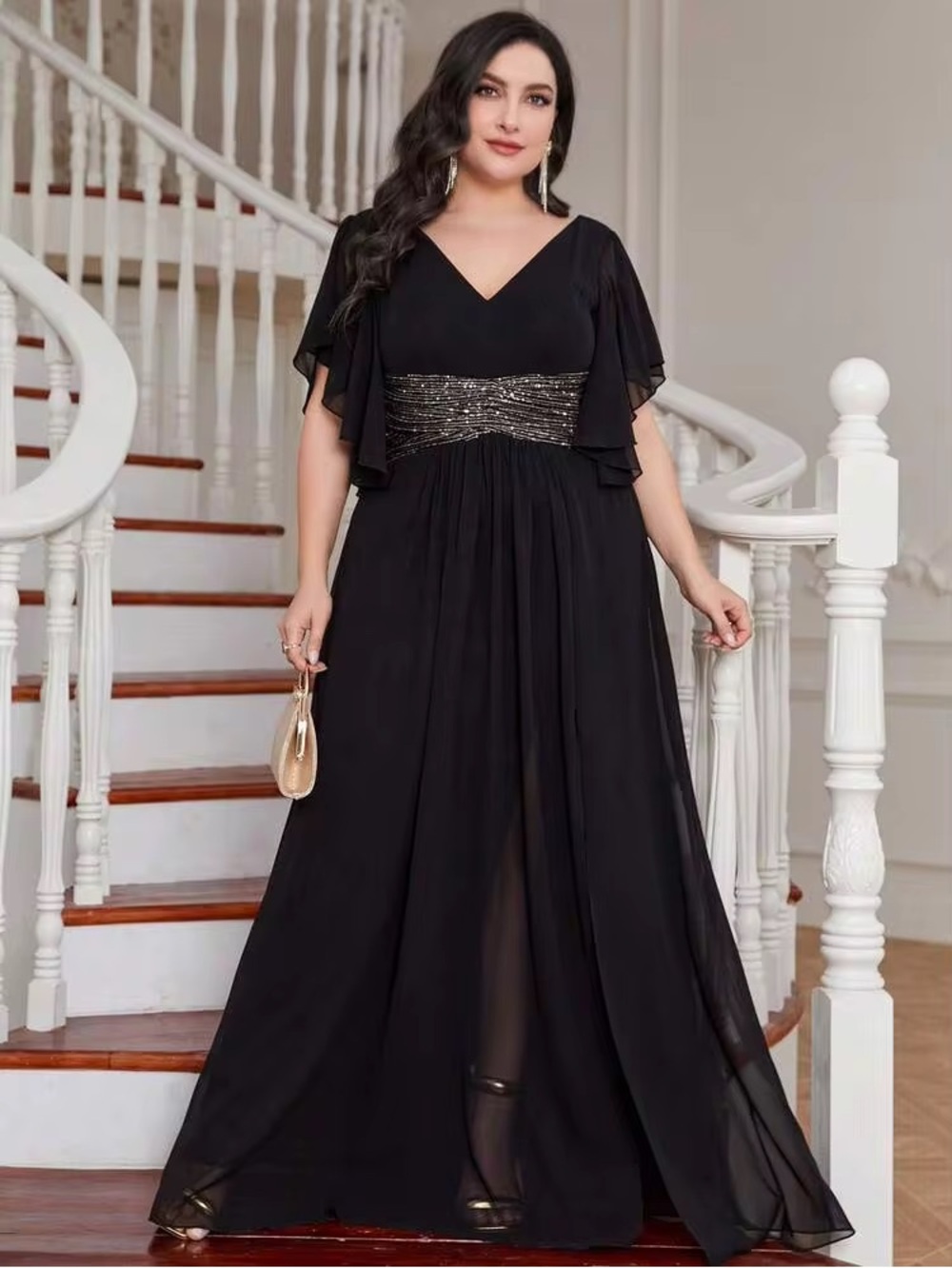 V-Neck Black Chiffon Maxi Dress with Sequin Waist and Butterfly Sleeves – 2XL